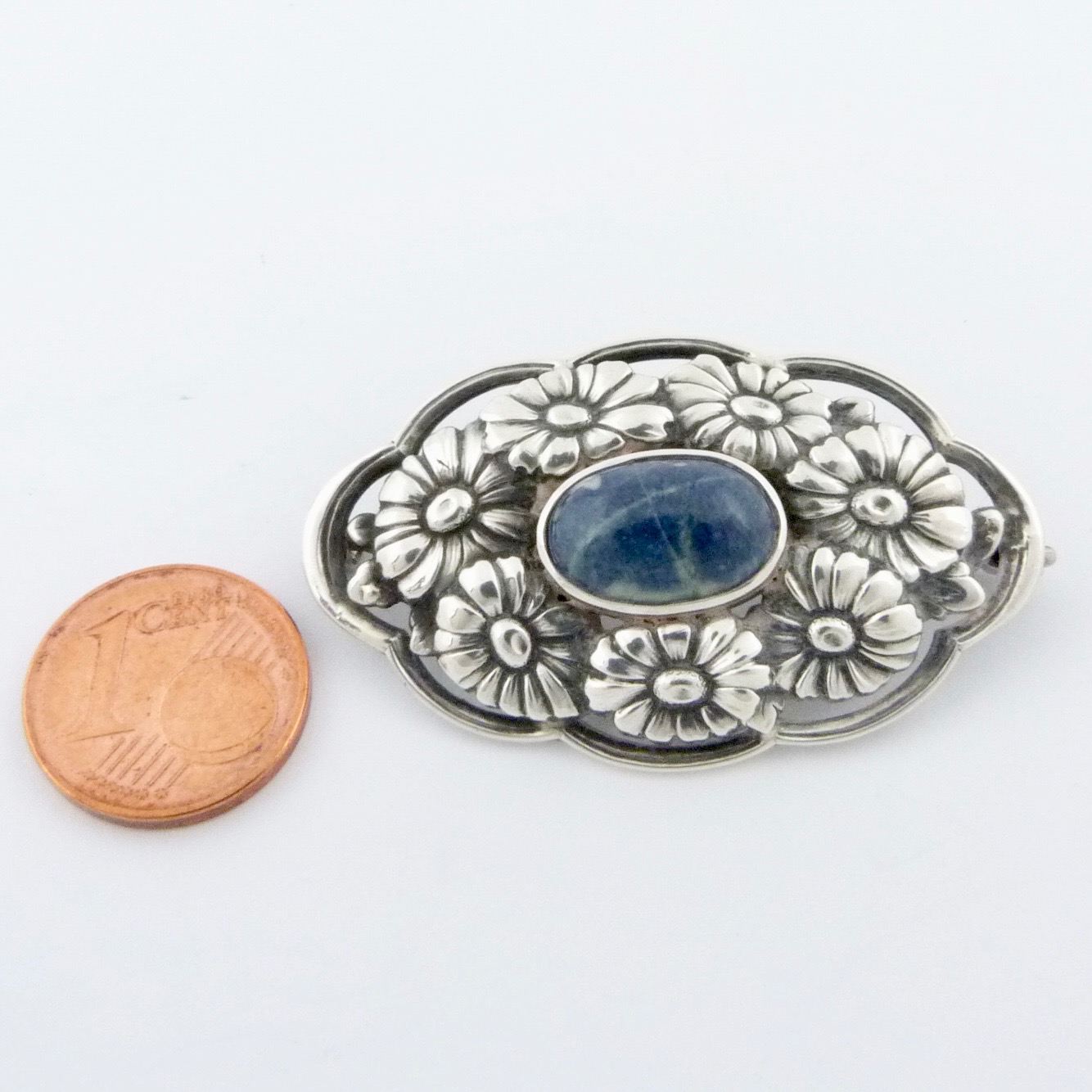 um 1910:Jugendstil Brosche Blüten 925er Silber blauer ...